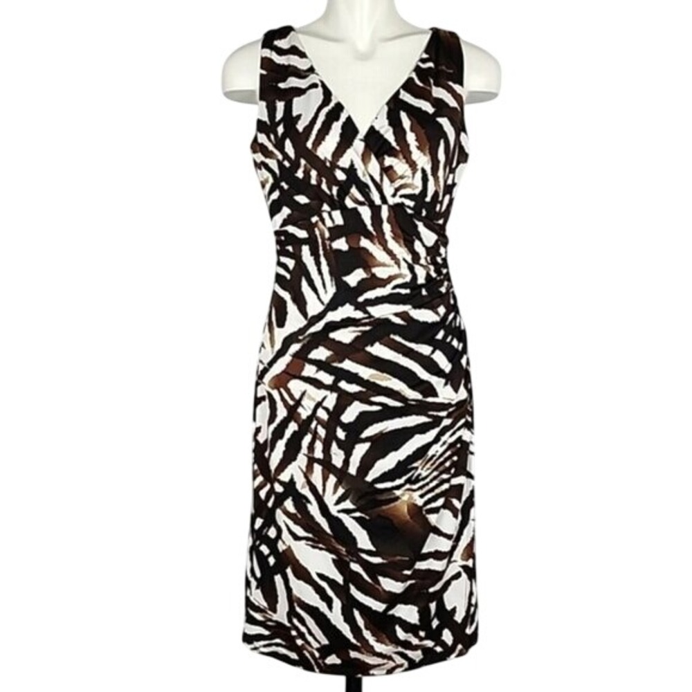Cleo Women's Brown White Animal Print Sleeveless Faux Wrap Dress 8